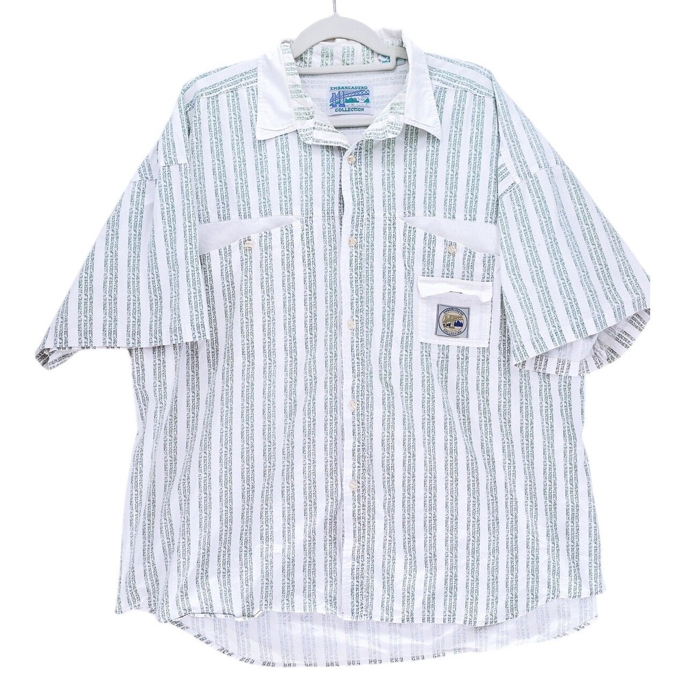 Vintage Embarcadero Collection White Green Striped Shortsleeve Button Up 2X Big
